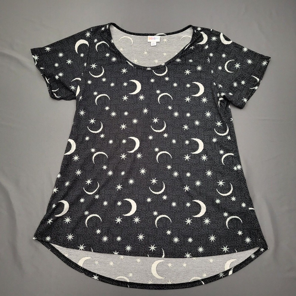 LuLaRoe Irma Tunic Top Large Black Celestial Moon Star Print High Low Hem Mens